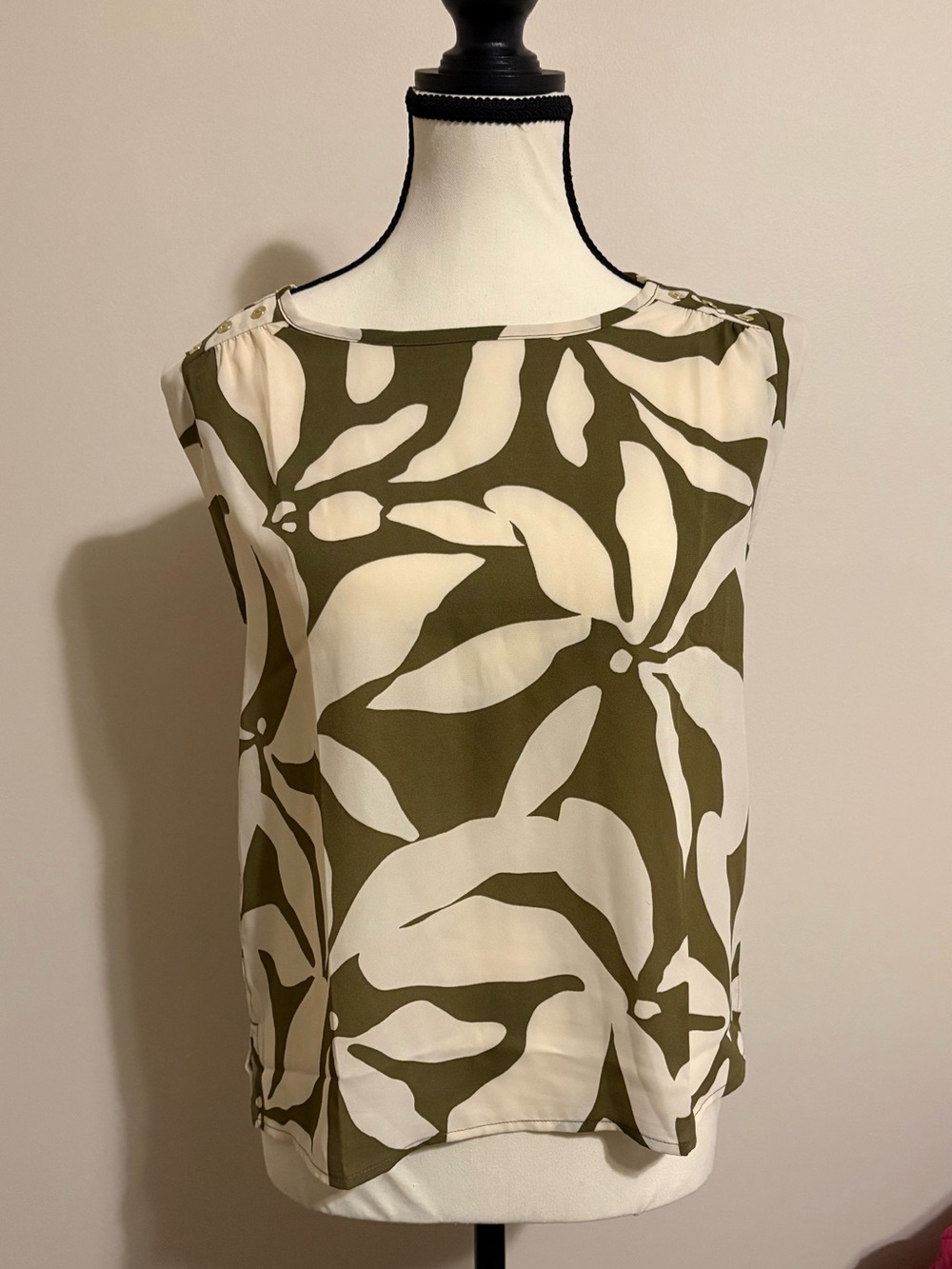 LOFT Olive and Cream Botanical Print Sleeveless Shell
